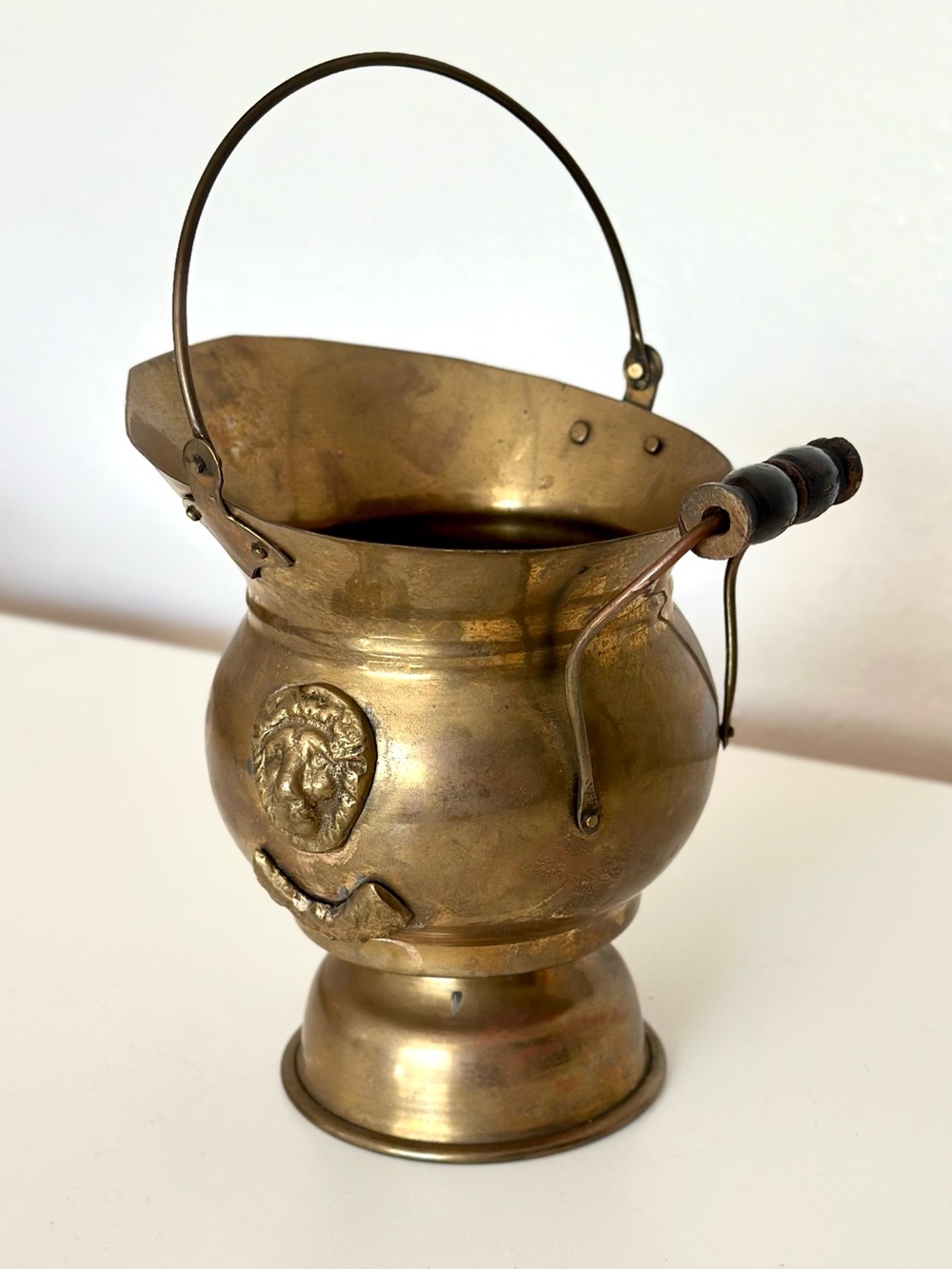 Vintage Brass Coal Scuttle Bucket Lion Head Medallion Wood Handle Fireplace Pot